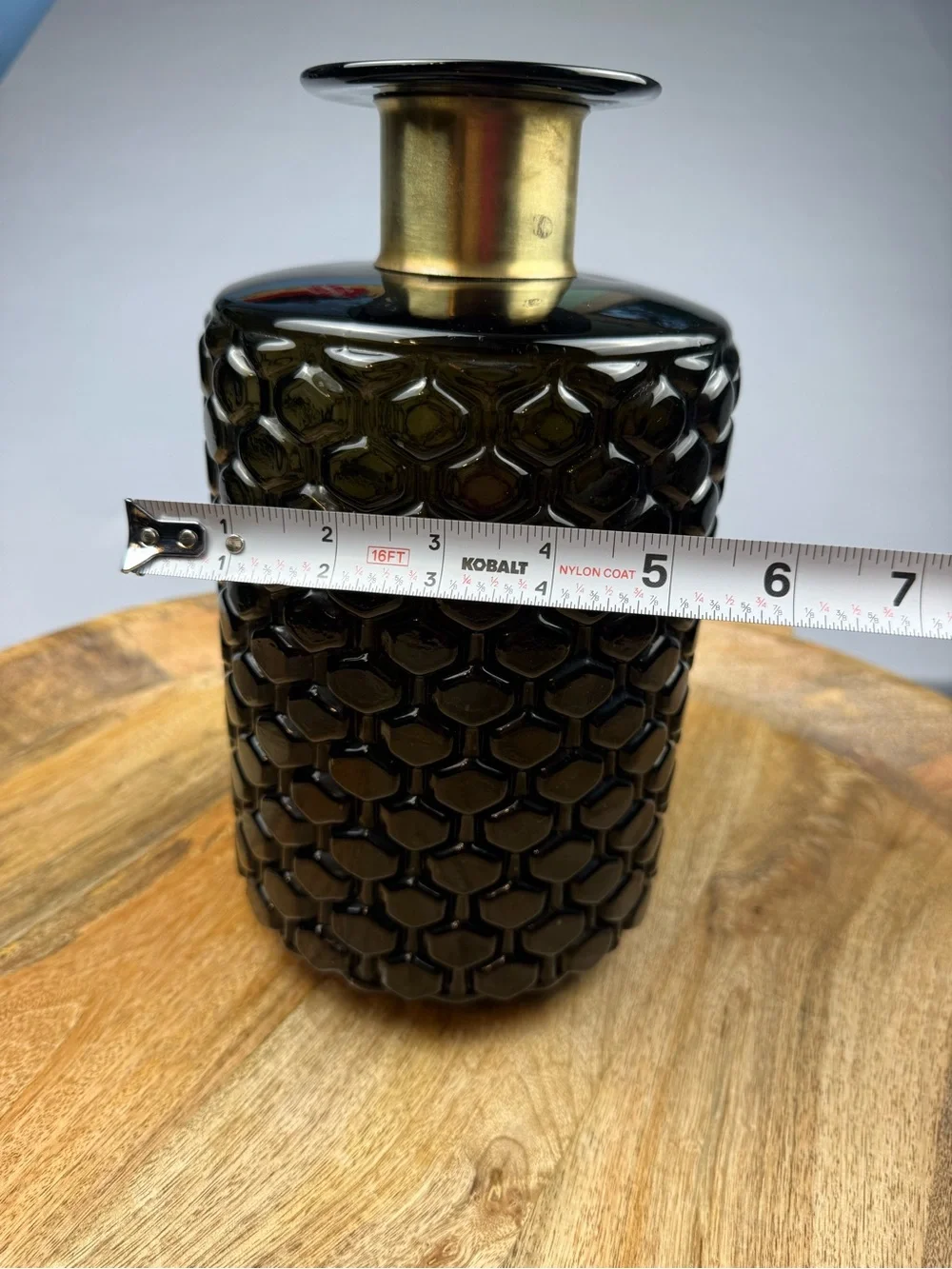 Vintage Black Honeycomb Glass Vase with Brass Collar MCM Decor